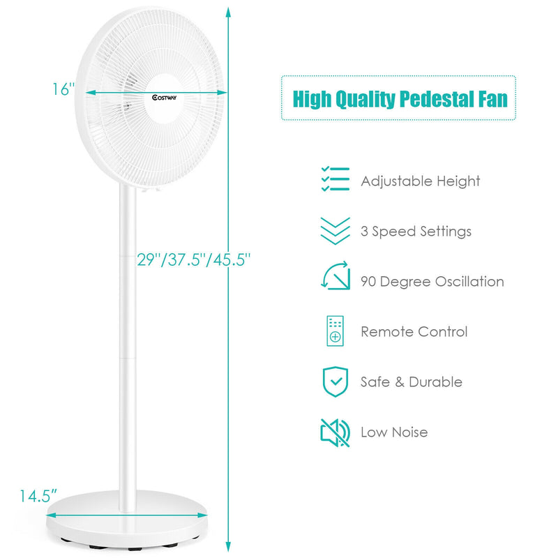 16 Inch Oscillating Pedestal 3-Speed Adjustable Height Fan with Remote Control-White