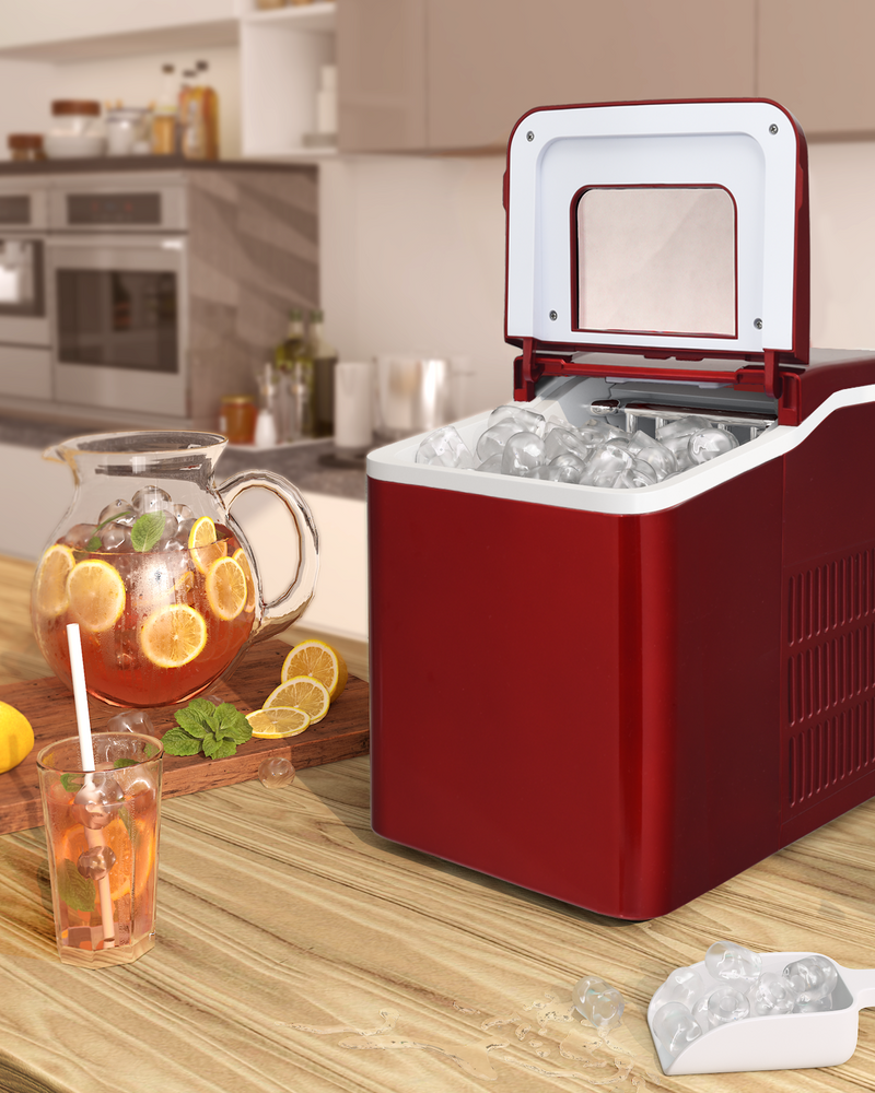 26lbs/24h Portable Countertop Ice Maker Machine with Scoop 9 Ice Cubes Ready in 8 minutes-Red