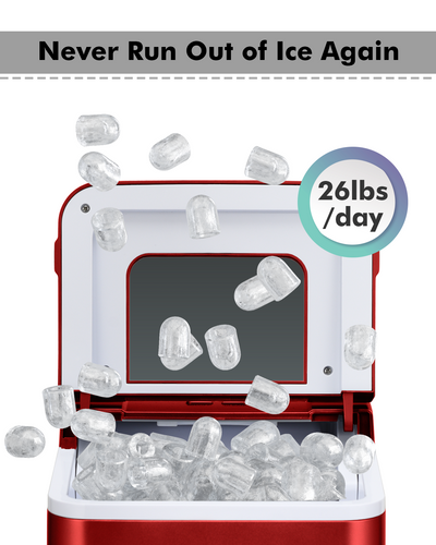 26lbs/24h Portable Countertop Ice Maker Machine with Scoop 9 Ice Cubes Ready in 8 minutes-Red