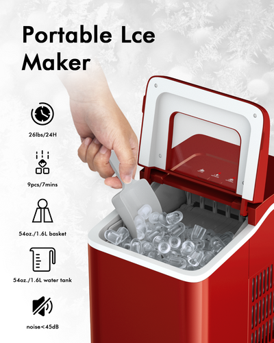 26lbs/24h Portable Countertop Ice Maker Machine with Scoop 9 Ice Cubes Ready in 8 minutes-Red