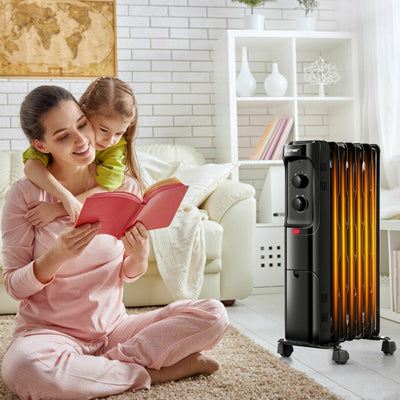 1500W Oil Filled Portable Radiator Space Heater with Adjustable Thermostat-Black