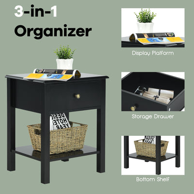 Nightstand End Table with Drawer and Shelf-Black