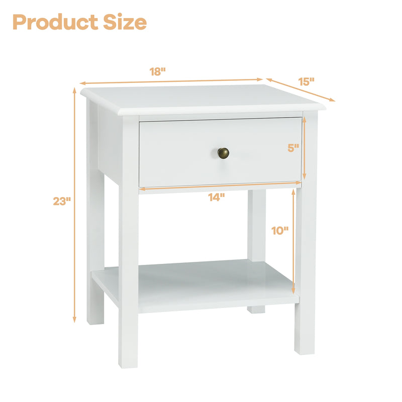 Nightstand End Table with Drawer and Shelf-White