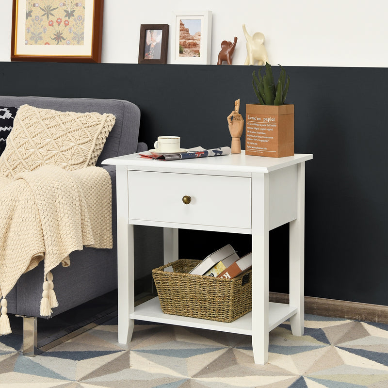 Nightstand End Table with Drawer and Shelf-White