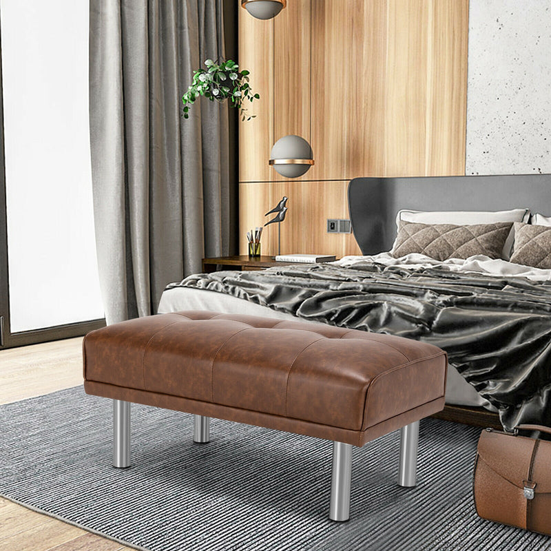 Rectangle Tufted Ottoman with Stainless Steel Legs for Living Room-Brown