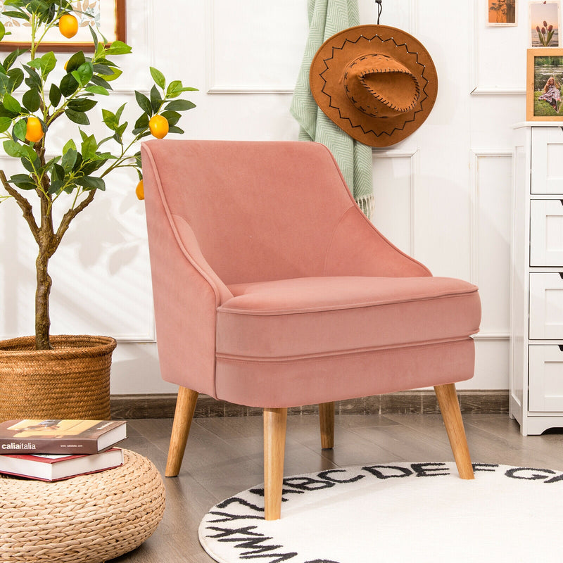 Mid Century Velvet Accent Chair with Rubber Wood Legs for Bedroom-Pink