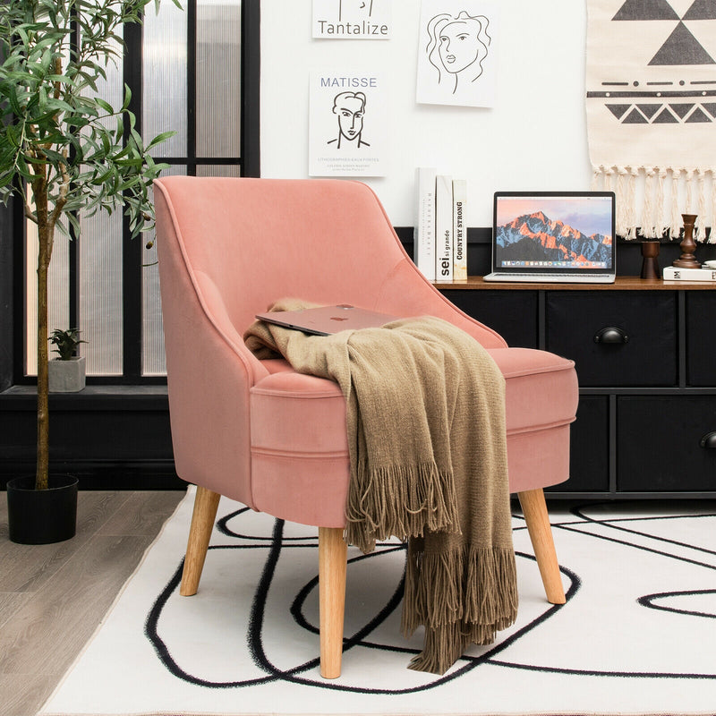 Mid Century Velvet Accent Chair with Rubber Wood Legs for Bedroom-Pink