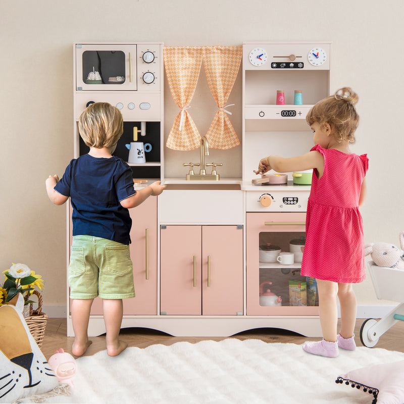 Kids Kitchen Playset with Microwave and Coffee Maker for Ages 3+-Pink