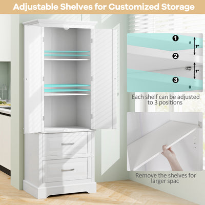 62 Inch Freestanding Bathroom Cabinet with Adjustable Shelves and 2 Drawers-White