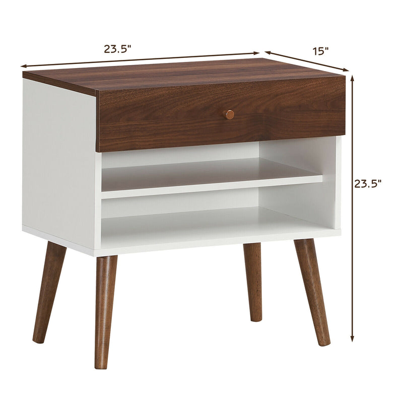 Mid-Century Nightstand with Drawer and Rubber Wood Legs