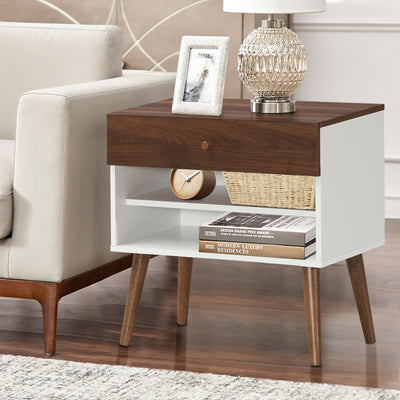 Mid-Century Nightstand with Drawer and Rubber Wood Legs