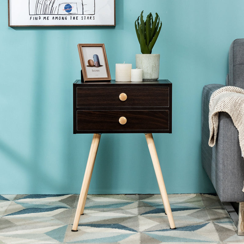 Mid Century Modern 2 Drawers Nightstand in Natural-Brown