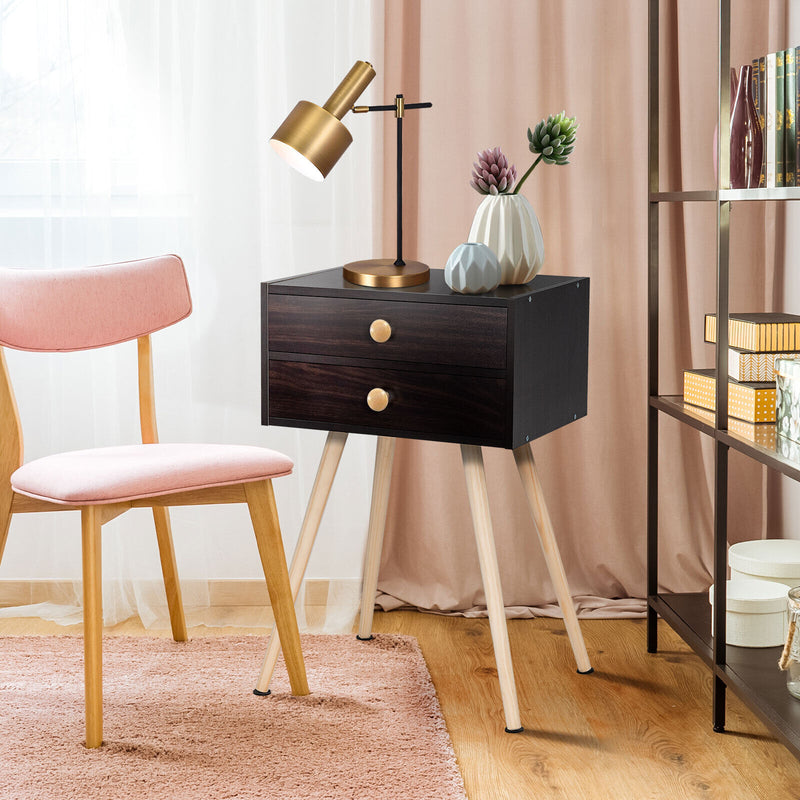 Mid Century Modern 2 Drawers Nightstand in Natural-Brown