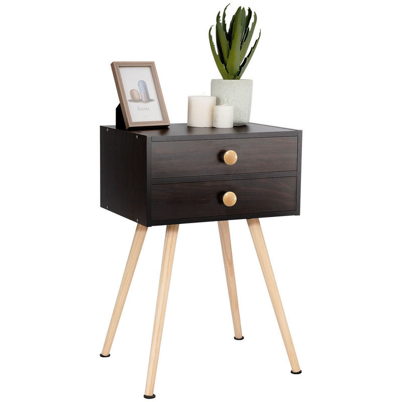 Mid Century Modern 2 Drawers Nightstand in Natural-Brown