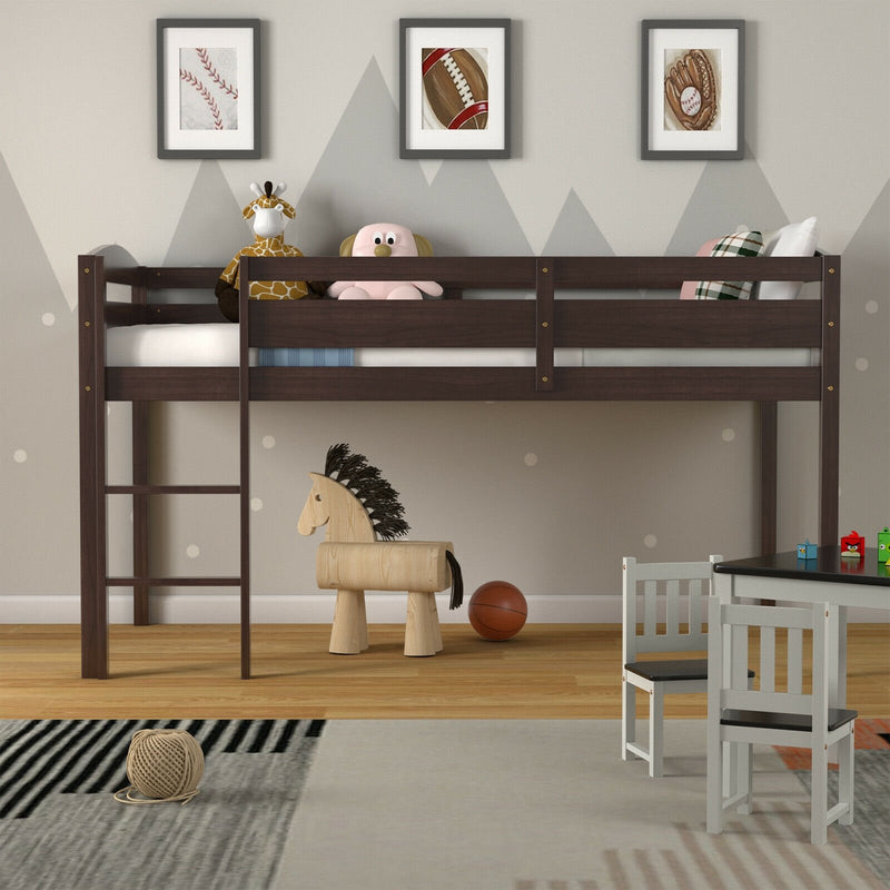 Wooden Twin Low Loft Bunk Bed with Guard Rail and Ladder-Dark Brown