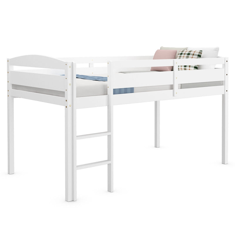 Wooden Twin Low Loft Bunk Bed with Guard Rail and Ladder-White