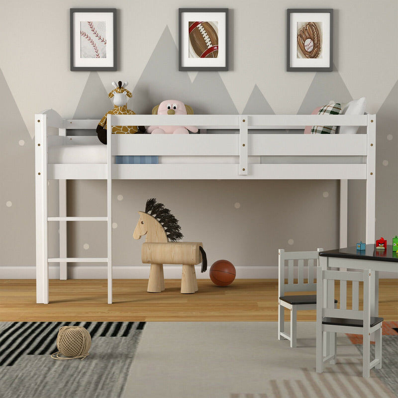 Wooden Twin Low Loft Bunk Bed with Guard Rail and Ladder-White