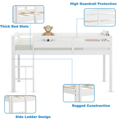 Wooden Twin Low Loft Bunk Bed with Guard Rail and Ladder-White