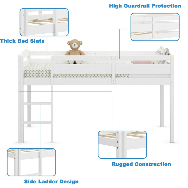 Wooden Twin Low Loft Bunk Bed with Guard Rail and Ladder-White