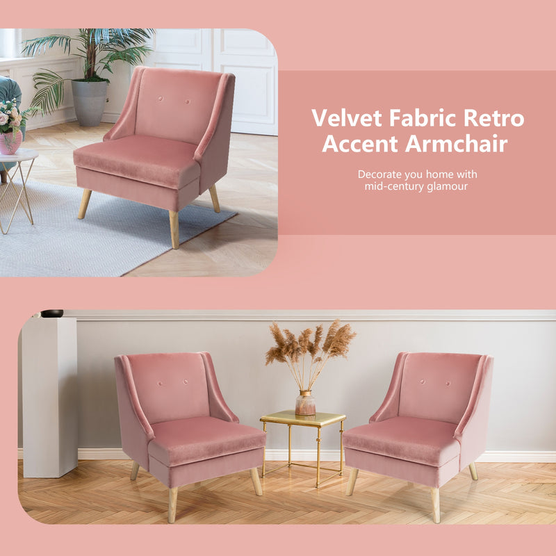 Velvet Wing Back Accent Chair with Rubber Wood Legs and Padded Seat for Living Room-Pink