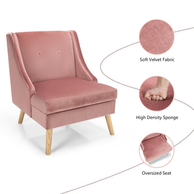 Velvet Wing Back Accent Chair with Rubber Wood Legs and Padded Seat for Living Room-Pink