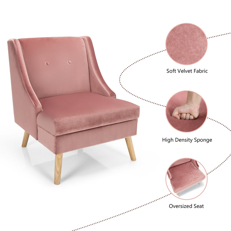 Velvet Wing Back Accent Chair with Rubber Wood Legs and Padded Seat for Living Room-Pink