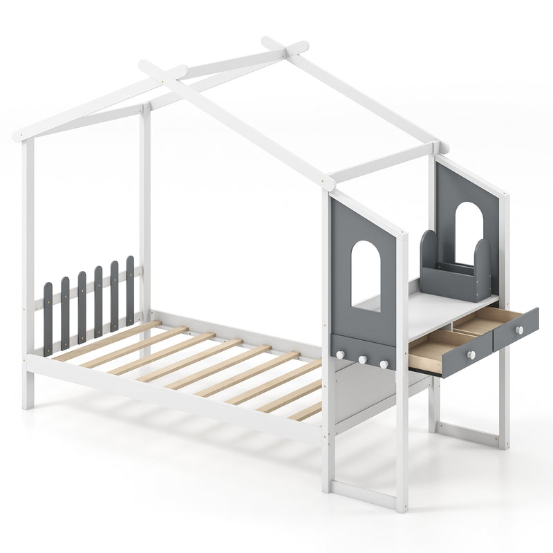 Twin/Full Bed Frame with House Roof Canopy and Fence for Kids-Twin Size