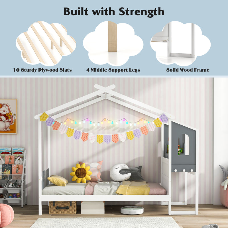 Twin/Full Bed Frame with House Roof Canopy and Fence for Kids-Twin Size