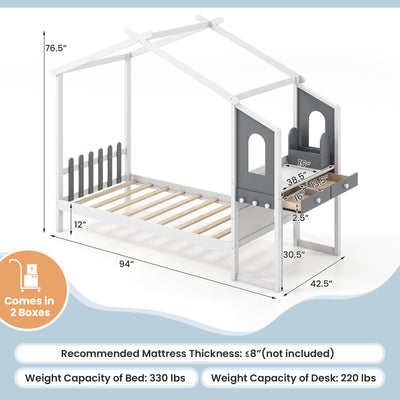 Twin/Full Bed Frame with House Roof Canopy and Fence for Kids-Twin Size