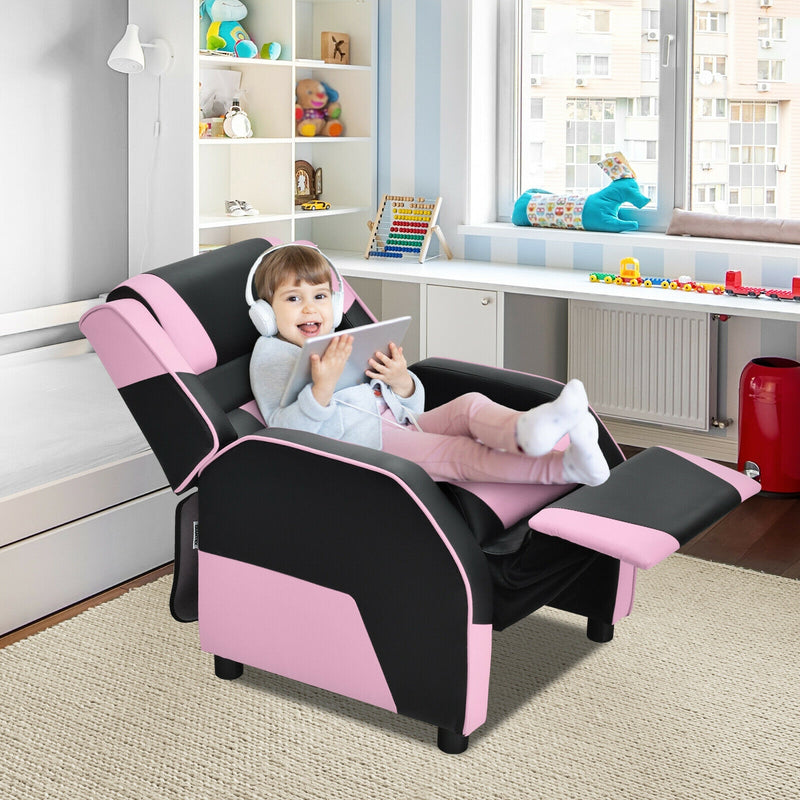 Kids Youth PU Leather Gaming Sofa Recliner with Headrest and Footrest-Pink