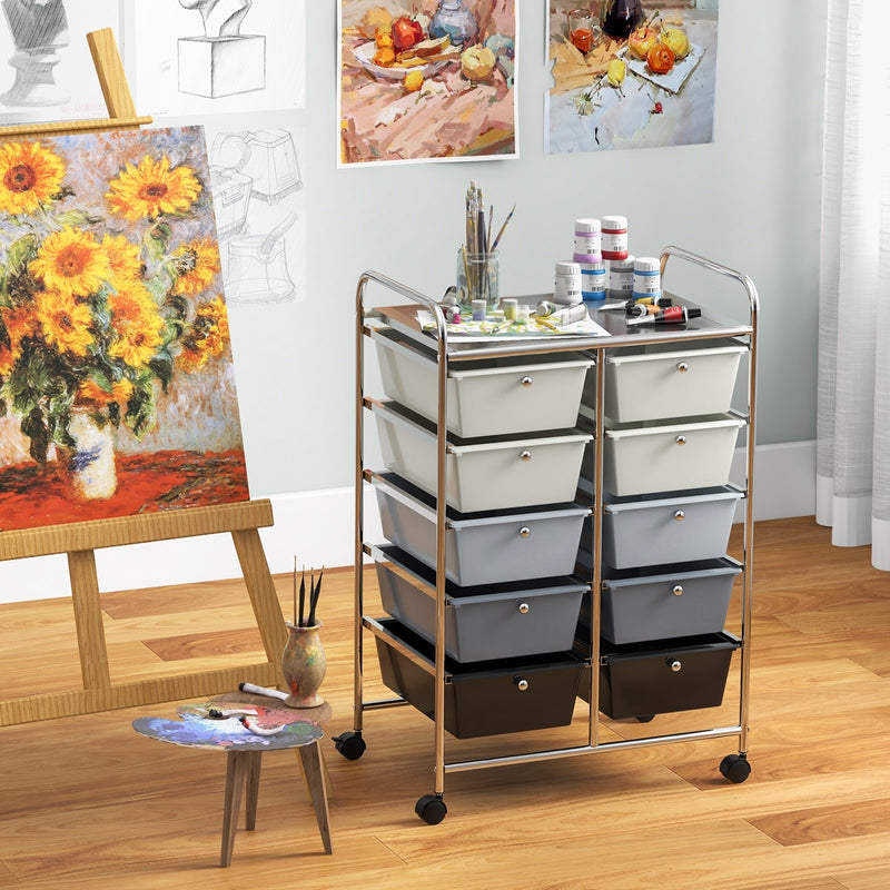 10-Drawer Rolling Storage Cart-Beige & Gray