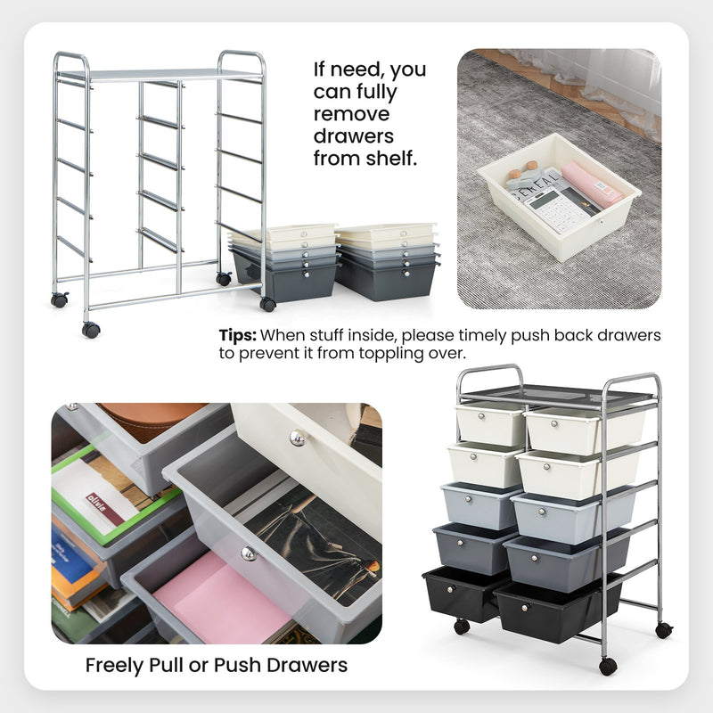 10-Drawer Rolling Storage Cart-Beige & Gray