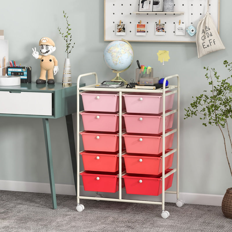 10-Drawer Rolling Storage Cart-Pink