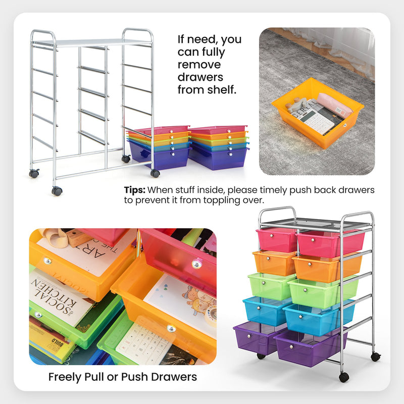 10-Drawer Rolling Storage Cart-Transparent Multicolor