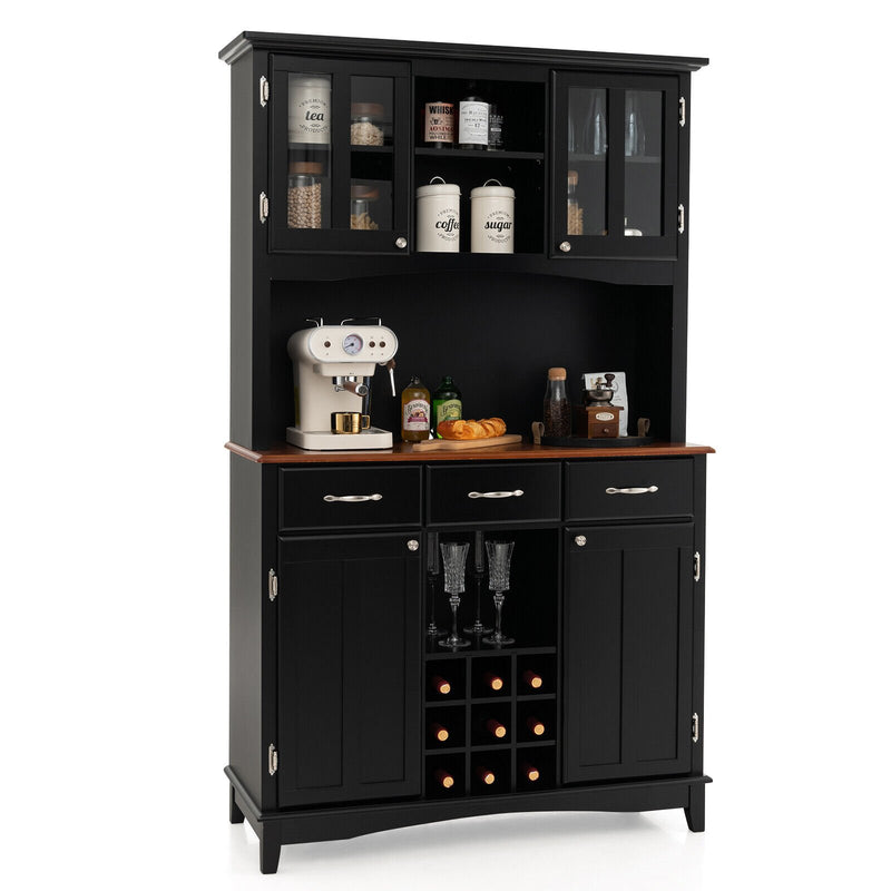 Kitchen Storage Cabinet Cupboard with Wine Rack and Drawers-Black