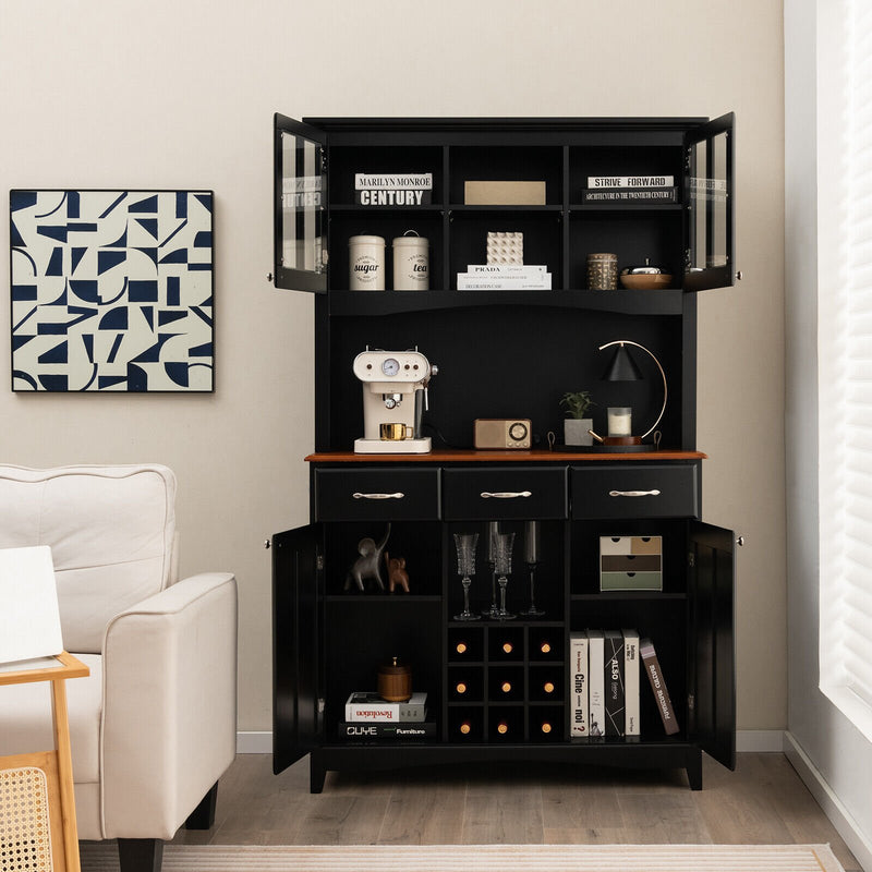 Kitchen Storage Cabinet Cupboard with Wine Rack and Drawers-Black