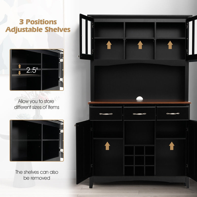 Kitchen Storage Cabinet Cupboard with Wine Rack and Drawers-Black