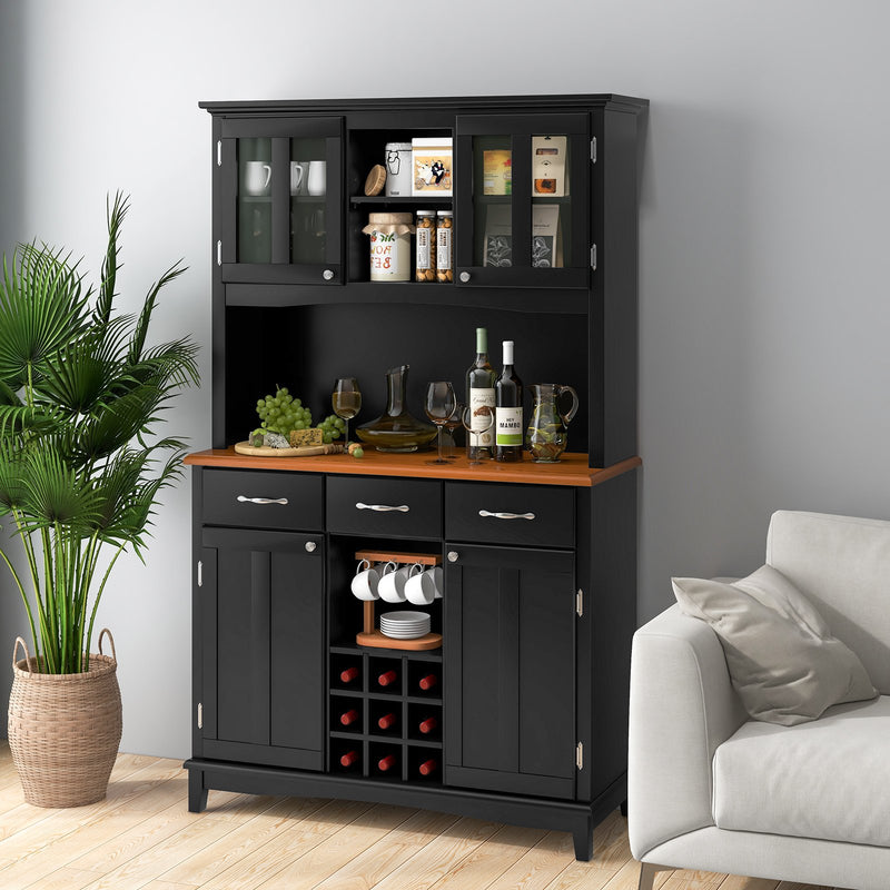 Kitchen Storage Cabinet Cupboard with Wine Rack and Drawers-Black