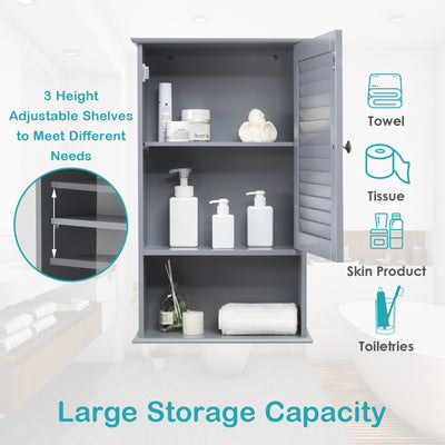 Bathroom Wall Mount Storage Cabinet Single Door with Height Adjustable Shelf-Gray