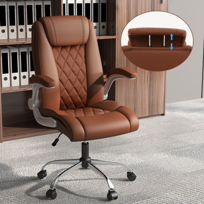 Rolling Executive Office Chair with 6 Position Adjustable Headrest-Brown