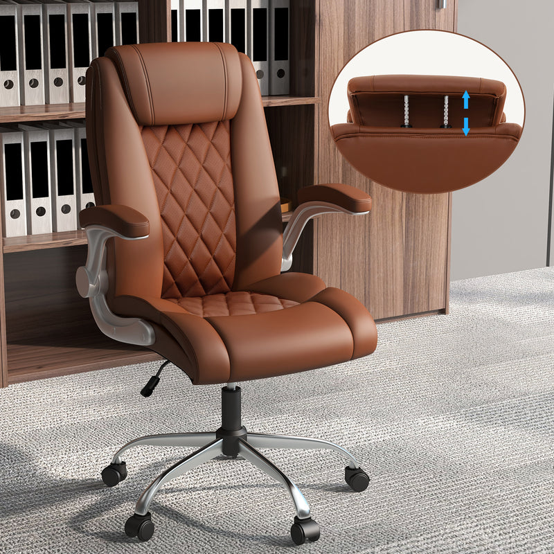 Rolling Executive Office Chair with 6 Position Adjustable Headrest-Brown