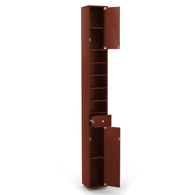 Freestanding Slim Bathroom Cabinet with Drawer and Adjustable Shelves-Brown