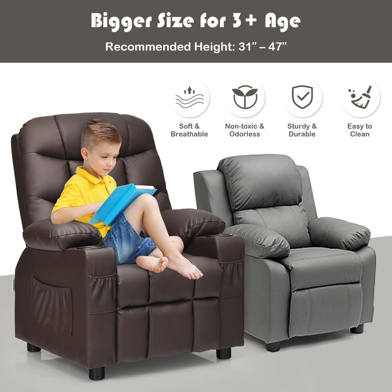 Kids Recliner Chair with Cup Holder and Footrest for Children-Brown