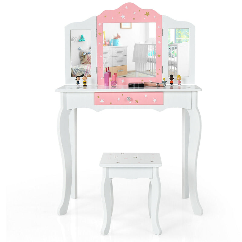 Kids Princess Vanity Table and Stool Set with Tri-folding Mirror and Drawer-White