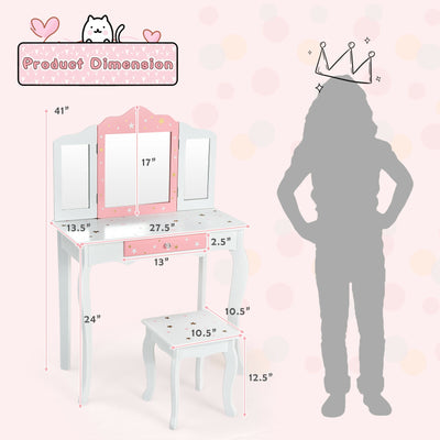 Kids Princess Vanity Table and Stool Set with Tri-folding Mirror and Drawer-White