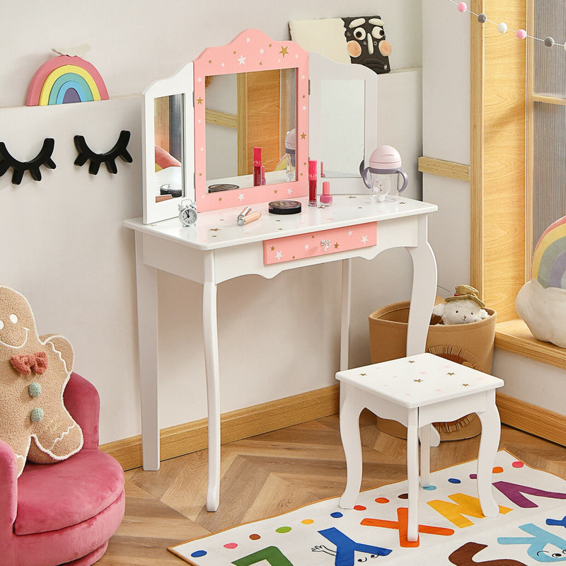 Kids Princess Vanity Table and Stool Set with Tri-folding Mirror and Drawer-White