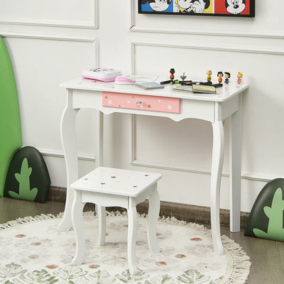 Kids Princess Vanity Table and Stool Set with Tri-folding Mirror and Drawer-White