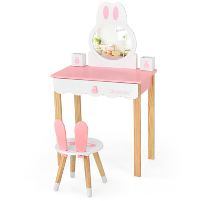 Kids Vanity Set Rabbit Makeup Dressing Table Chair Set with Mirror and Drawer-Pink