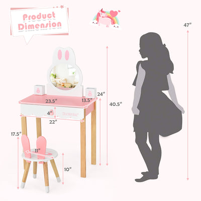 Kids Vanity Set Rabbit Makeup Dressing Table Chair Set with Mirror and Drawer-Pink