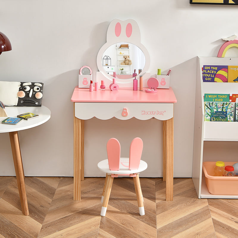 Kids Vanity Set Rabbit Makeup Dressing Table Chair Set with Mirror and Drawer-Pink